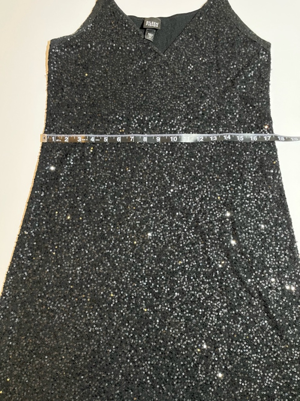 Eileen Fisher Black Sequin Silk Blend Sleeveless Shift Short Dress V Neck Medium - Picture 10 of 10